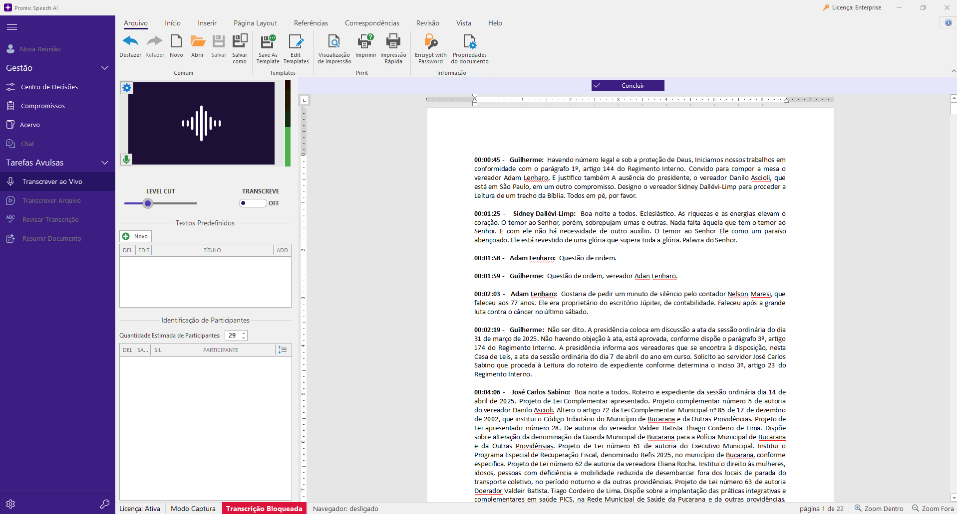 Transcrição ao vivo — editor e identificação de participantes