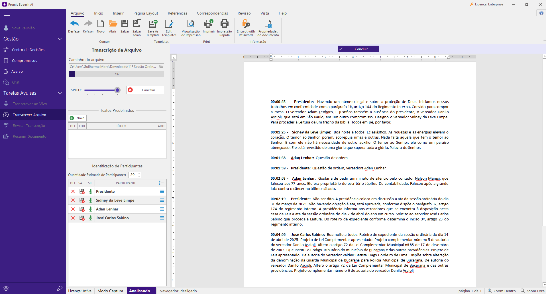 Transcrição de arquivo — progresso e documento